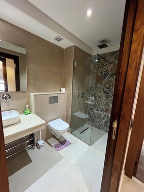 Shower, towels, soap, toilet paper