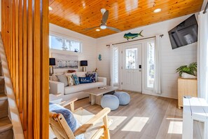 TV connectée, cheminée, livres