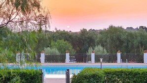 Zona de piscina con valla, plantas en macetas y vistas al entorno verde y las colinas.