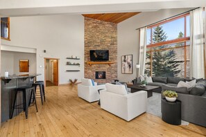 Televisie, een open haard, videospelletjes en een dvd-speler