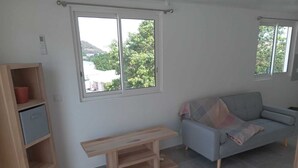 A living room with a grey sofa, wooden shelves, and a wooden table. - 1 bedroom apartment in marigot (Marigot)