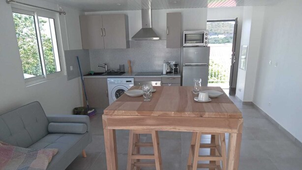 A modern kitchen with a wooden table, grey sofa, and a washing machine. - 1 bedroom apartment in marigot (Marigot)