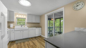 A modern kitchen with white cabinets, a built-in sink, and a wooden floor.