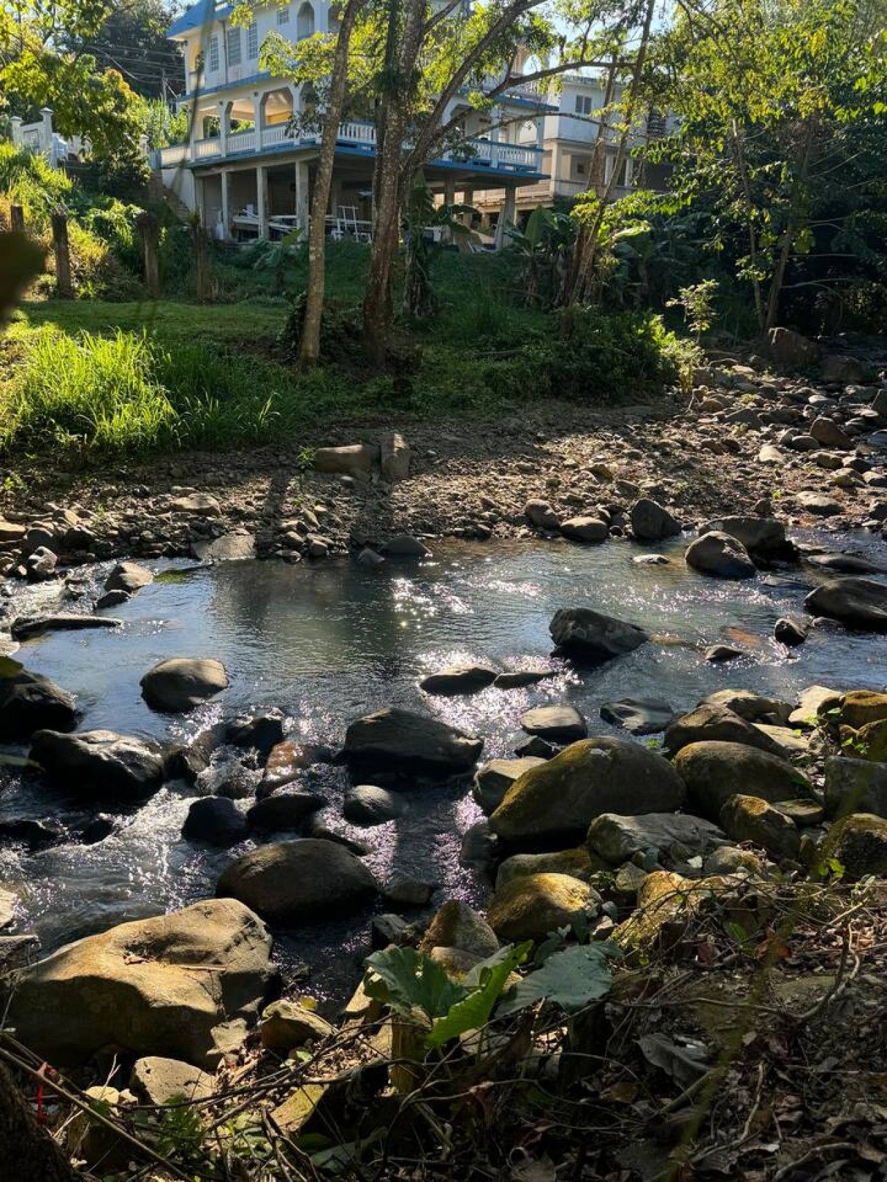 Un cours d’eau naturel, bordé de rochers et de verdure, avec un bâtiment visible au loin.