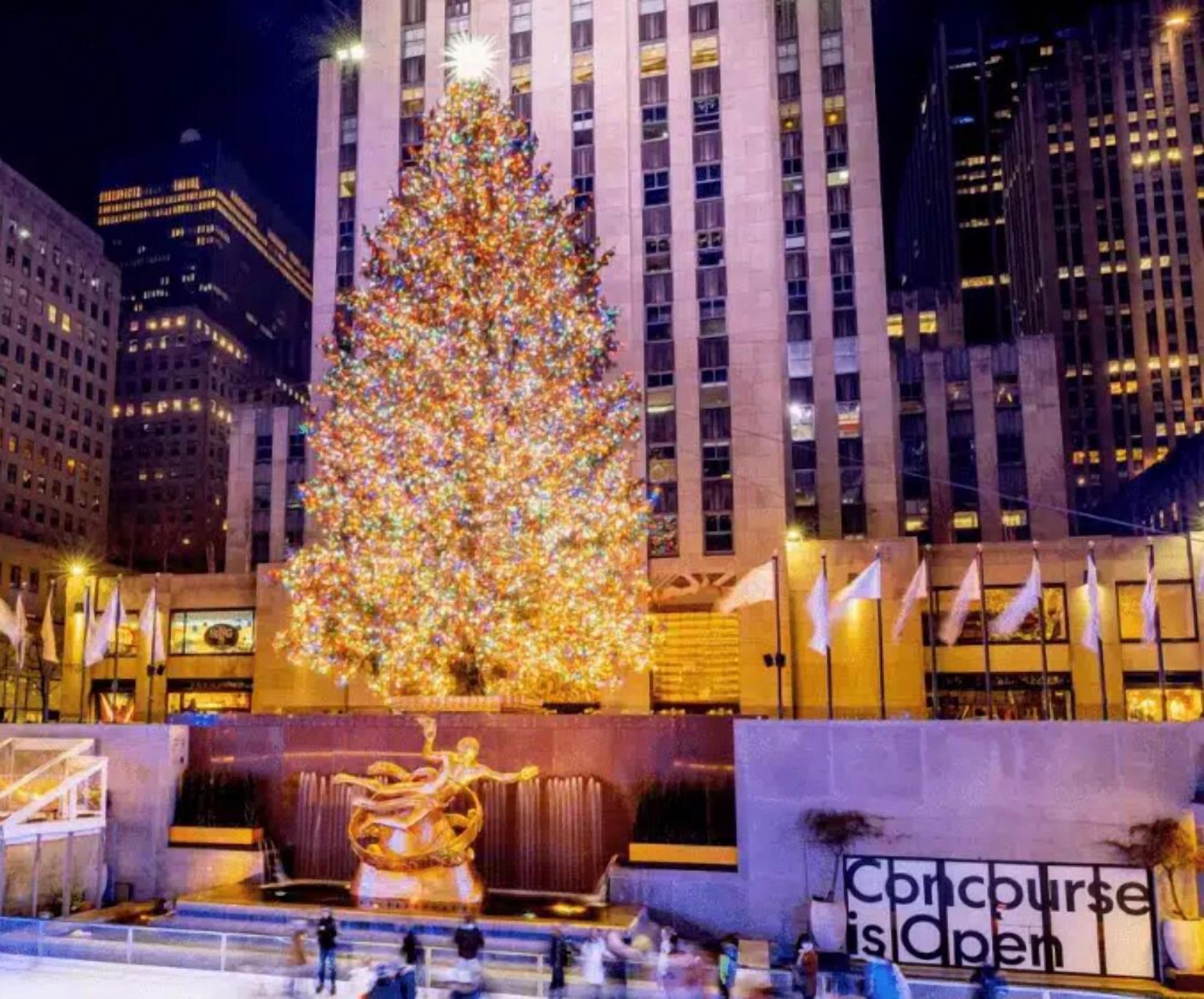 Un gran árbol de Navidad iluminado en una plaza de la ciudad, con edificios al fondo.