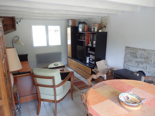 Un salon avec un canapé, une table basse, un téléviseur et une bibliothèque.