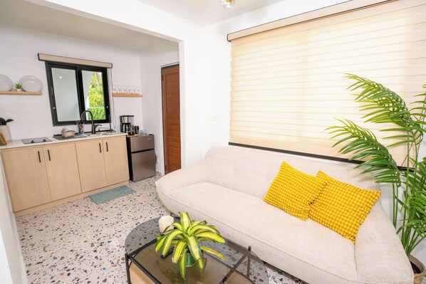 A compact living space with a kitchenette, a sofa with yellow pillows, a coffee table, and a potted plant. - Garden of Eden Hotel (Vega Alta)