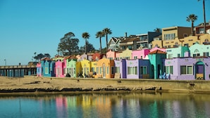 Una hilera de casas coloridas a lo largo de la costa.