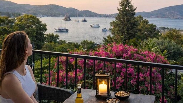 A balcony with a table, a bottle, a candle, and a view of boats on a lake. - MAKİA OTEL (Marmaris)
