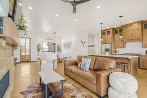TV, fireplace, books, stereo