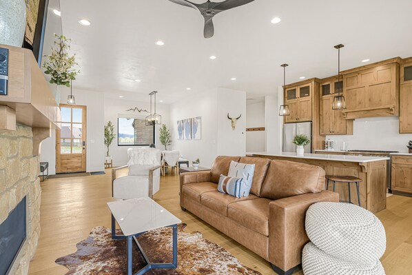 Televisio, takka, kirjoja, stereot