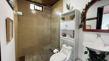 Hair dryer, towels, soap, shampoo