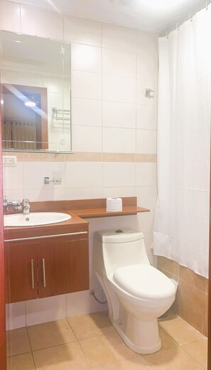 Douche, sèche-cheveux, serviettes fournies, savon