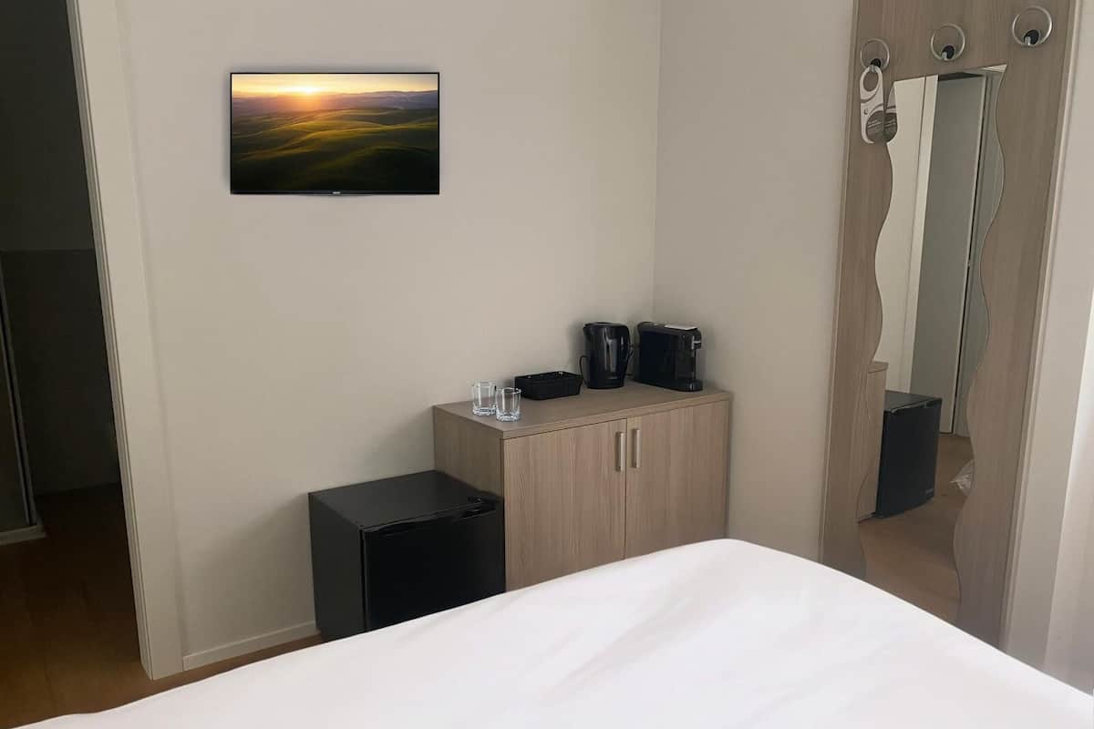 Habitación de hotel con cama, un mueble pequeño con espejo, cafetera y televisión mostrando un paisaje.