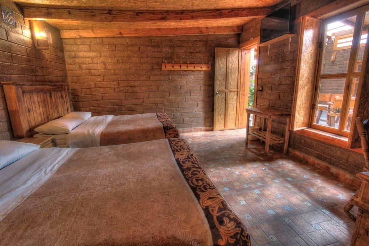 Una habitación rústica con dos camas, paredes de madera, un ventanal y un armario de madera.