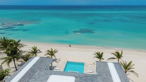 A beach view with a pool and palm trees.