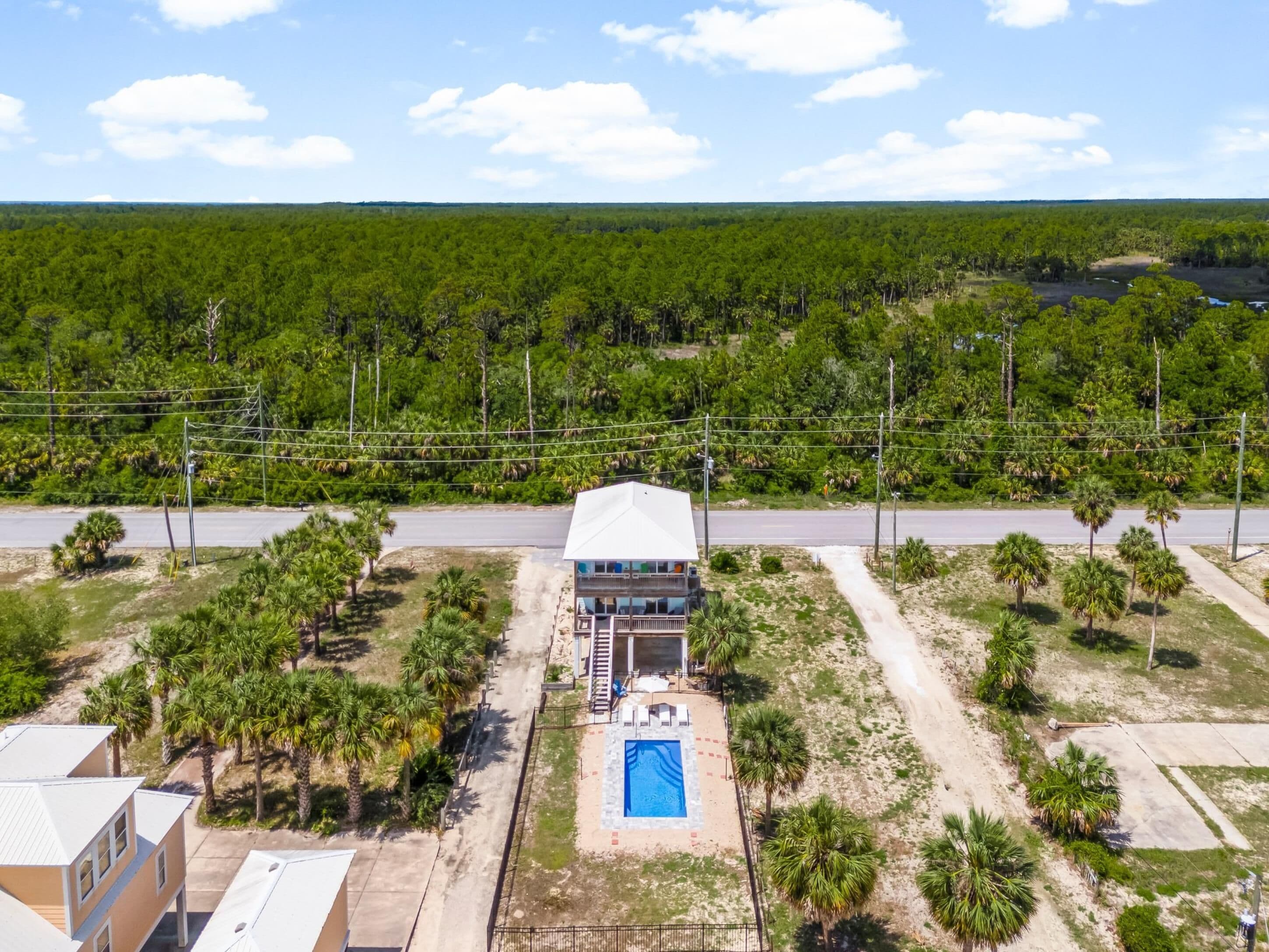 Uma casa de dois andares com piscina na frente, cercada por palmeiras e área arborizada ao fundo.