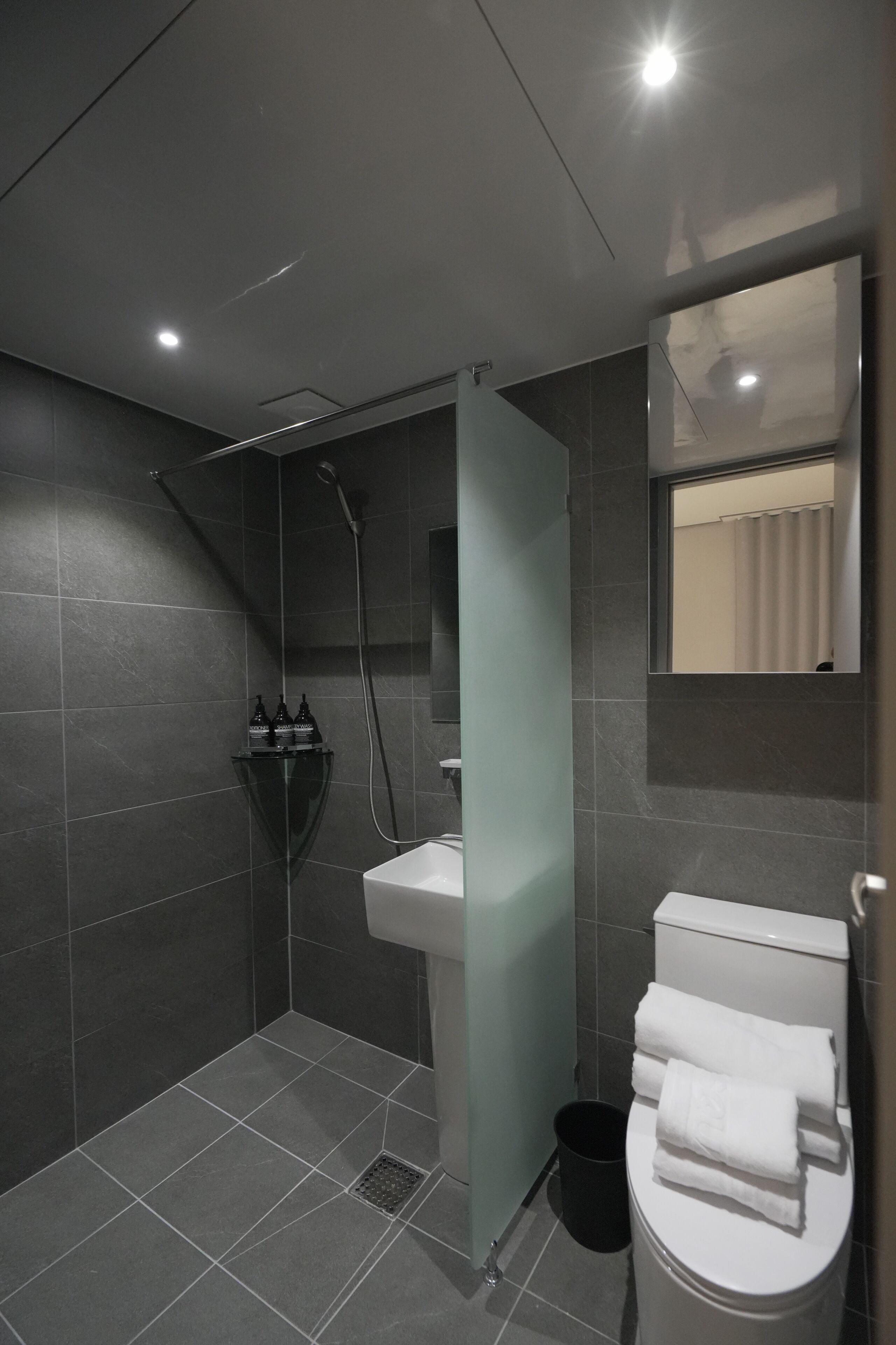 Douche, articles de toilette gratuits, sèche-cheveux