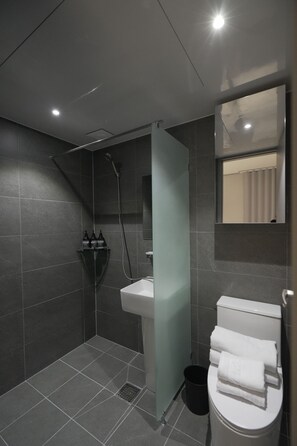 Dusche, kostenlose Toilettenartikel, Haartrockner, Handtücher
