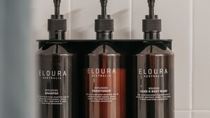 Hair dryer, towels, soap, shampoo