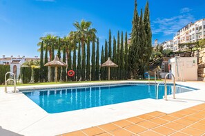 A swimming pool with clear blue water, surrounded by palm trees and cypress trees, with a building in the background.