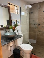 Chuveiro, toalhas de banho, sabonete, papel higiênico