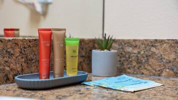 Hair dryer, towels, soap, toilet paper