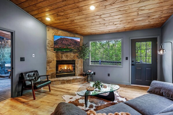 スマートテレビ、暖炉、ビデオライブラリ、ステレオ