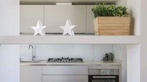Eine moderne Küche mit Gasherd, Edelstahlspüle und eingebautem Backofen. Auf der Arbeitsplatte befinden sich zwei weiße sternförmige Dekorationen und ein Holzpflanzgefäß mit Grünpflanzen auf der oberen Ablagefläche.