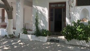 Um edifício branco com porta de madeira, colunas brancas e um pequeno jardim com plantas e uma árvore.