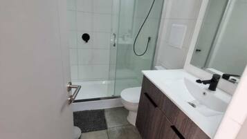 Hair dryer, towels, soap, toilet paper