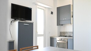 Une cuisine moderne équipée d’un téléviseur encastré, d’un réfrigérateur, d’une cuisinière et de placards.
