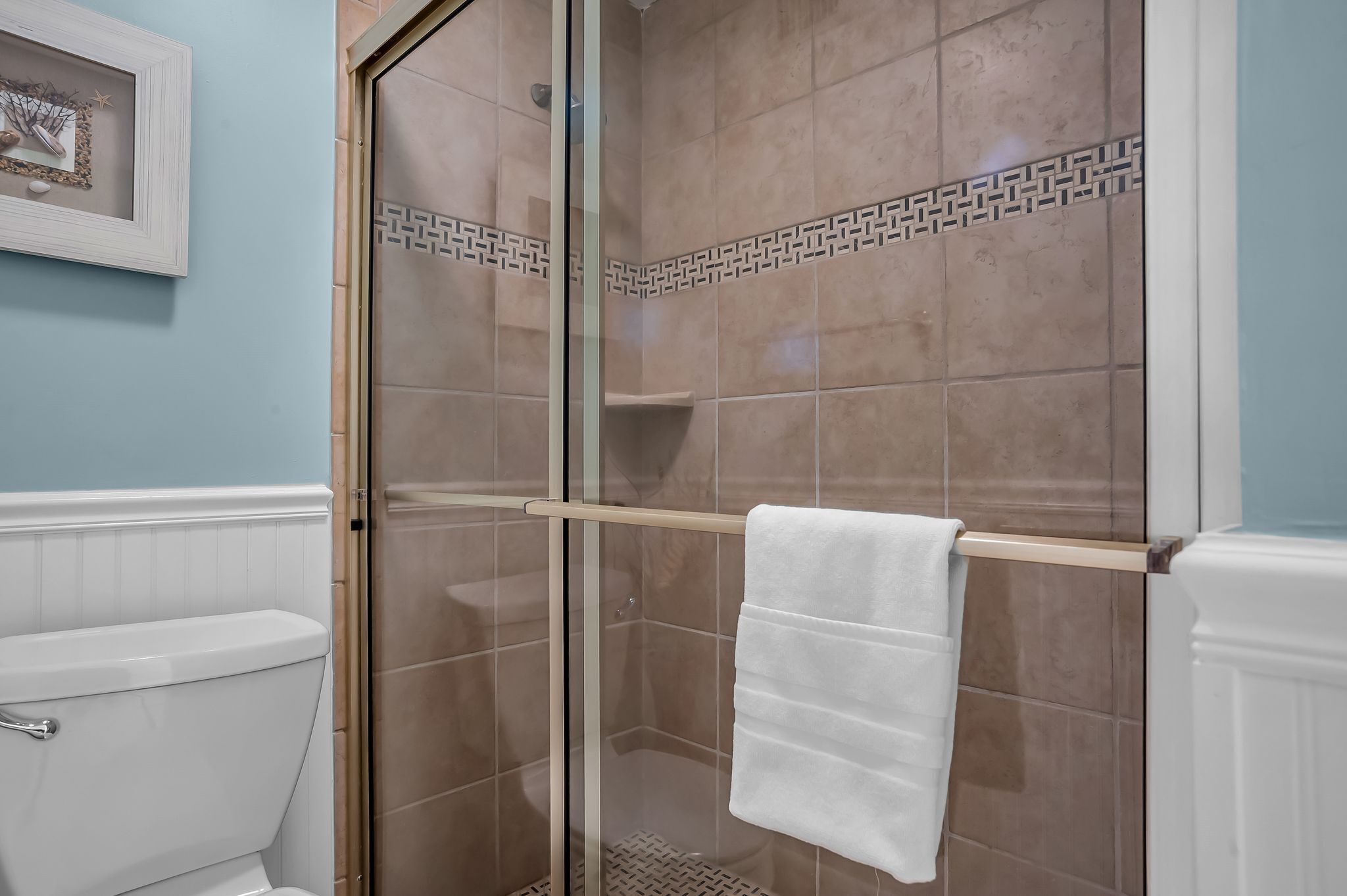 Ein Badezimmer mit einer Duschkabine, einer weißen Toilette und einem gerahmten Bild an der Wand.