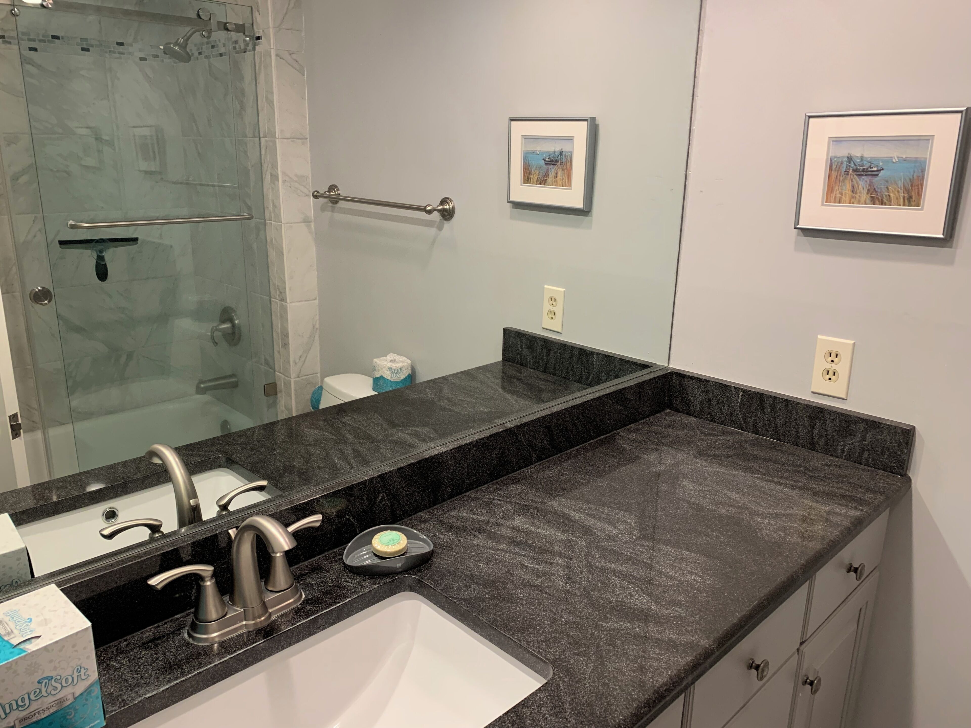 A modern bathroom with a glass shower enclosure, a black granite countertop, a white sink, and two framed pictures on the wall.