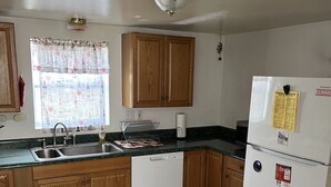 A kitchen with wooden cabinets, a white refrigerator, a sink, and a window with a curtain. - This Quaint home overlooking Cayuga Lake is the perfect Finger Lakes Getaway! (Seneca Falls)