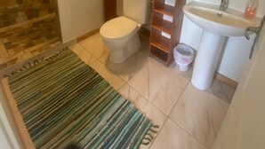 Un bagno con il WC, un lavandino, zona doccia e uno scaffale con articoli da toilette.