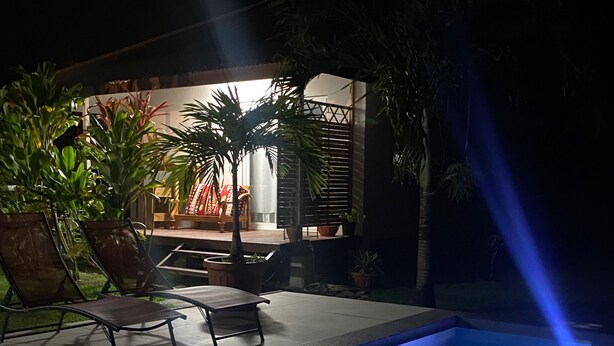 Una piscina con bordo illuminato di blu, circondata da sdraio e piante in vaso.