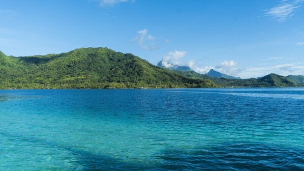 A tropical beach with clear blue waters and lush green hills in the background. - Raiatea - Studio Tumaraa (Raiatea)