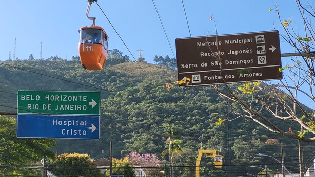 Um sistema de teleférico com placas indicando direções para Belo Horizonte, Rio de Janeiro, Hospital Cristo, Mercado Municipal, Recanto Japonês, Serra de São Domingos e Fonte dos Amores.