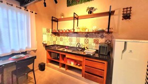 Fridge, microwave, stovetop, espresso maker