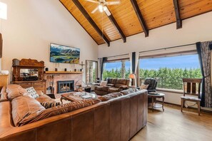 Una televisión, una chimenea, libros, un reproductor estéreo