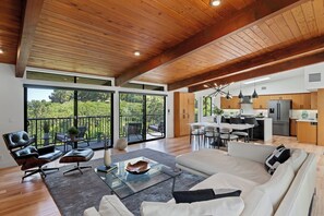 TV connectée, cheminée, livres, espaces bureaux