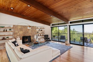 TV connectée, cheminée, livres, espaces bureaux