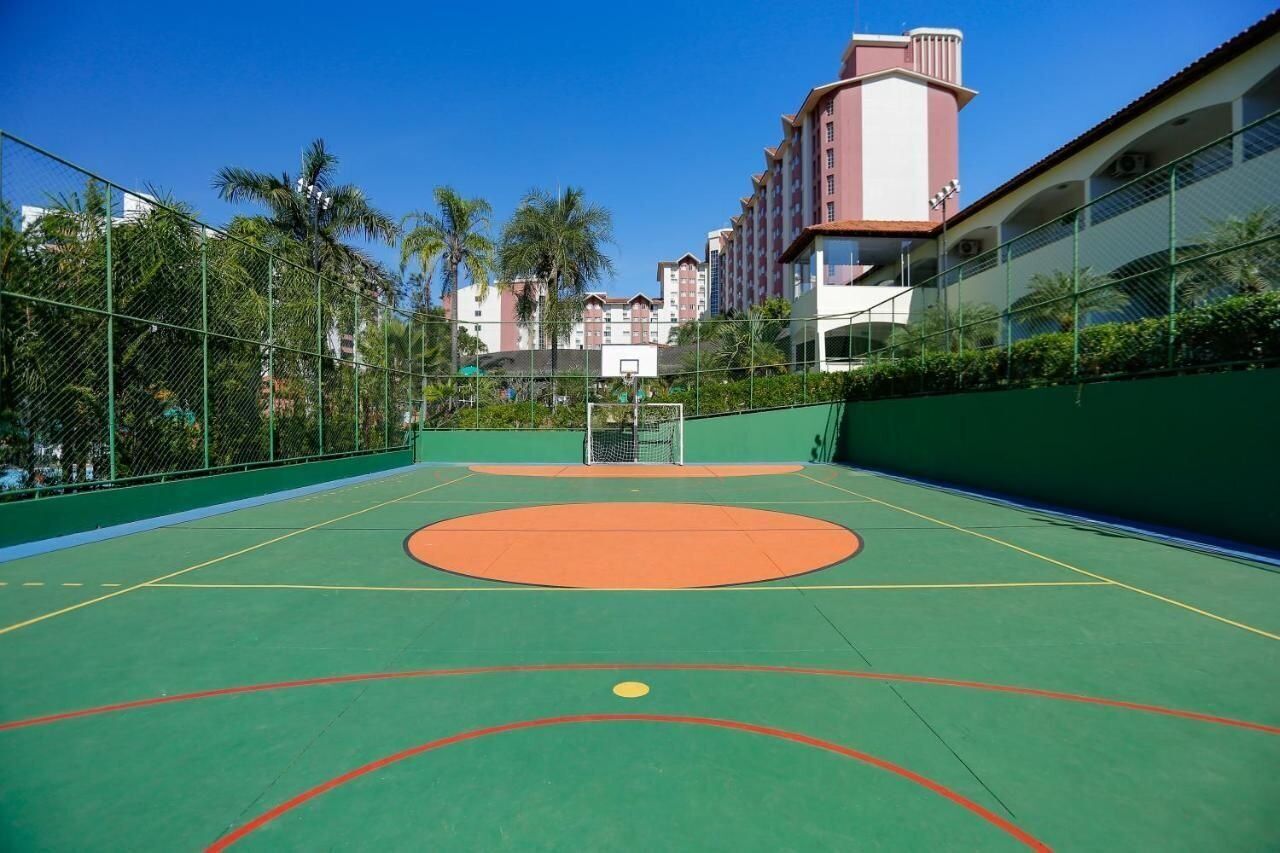 Una cancha de baloncesto al aire libre con superficie verde y naranja, rodeada por una cerca de malla y palmeras.