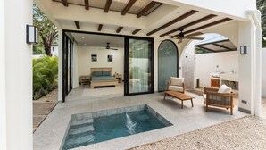 Una casa moderna con un dormitorio, un baño y un patio con jacuzzi.