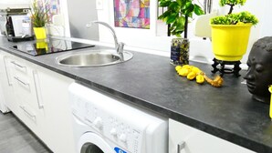 Una cocina con un lavamanos de acero inoxidable, una lavadora y una planta en maceta.