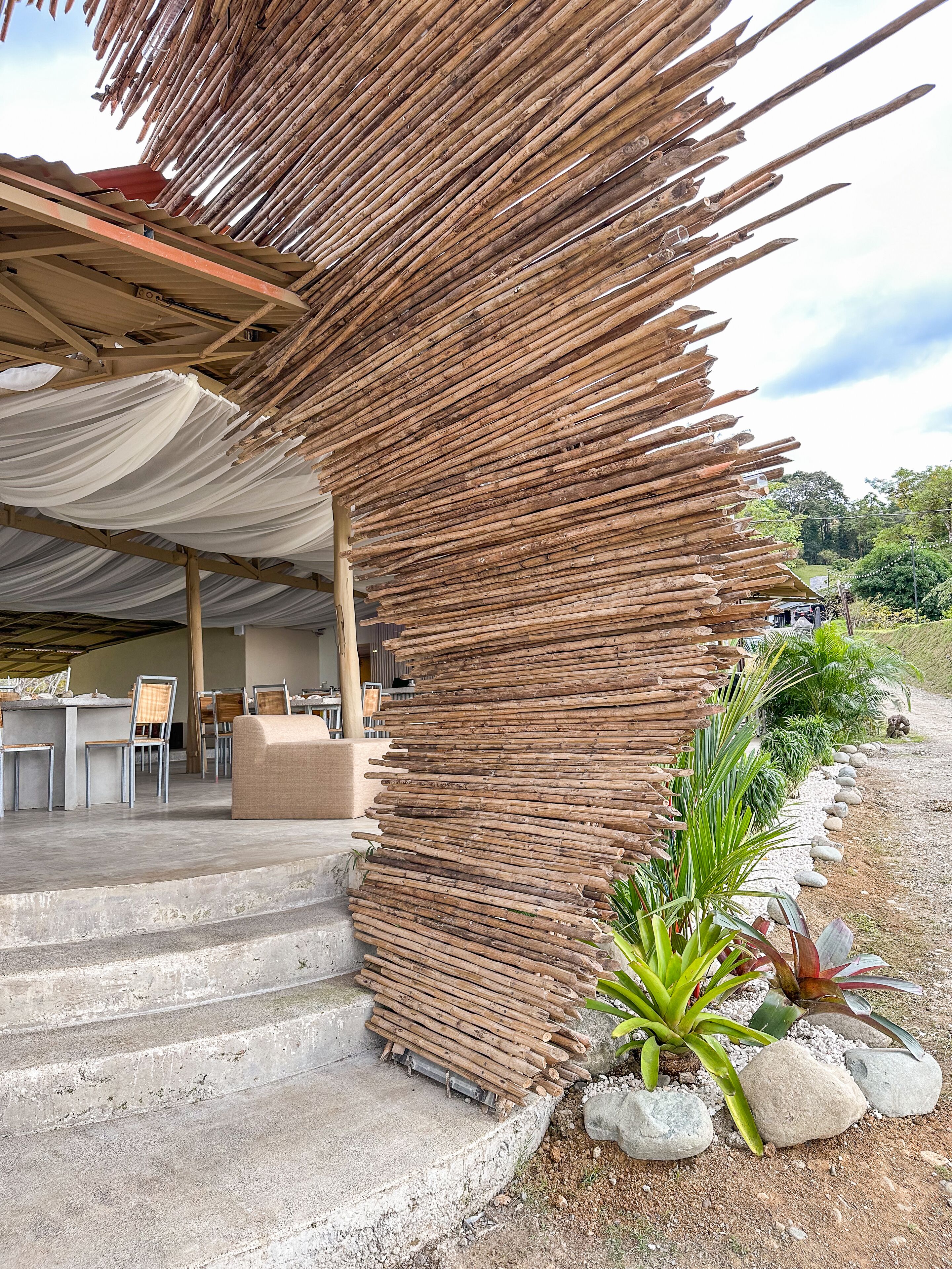 A covered outdoor seating area with a thatched roof and a concrete staircase leading up to it.