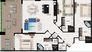 En planritning över ett hotellplan med en terrass, matplats, kök, vardagsrum och flera badrum.