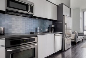 Fridge, microwave, oven, stovetop
