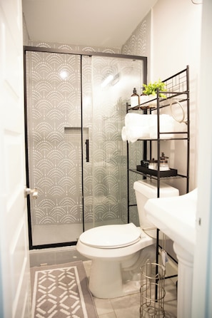 Shower, hair dryer, towels, soap